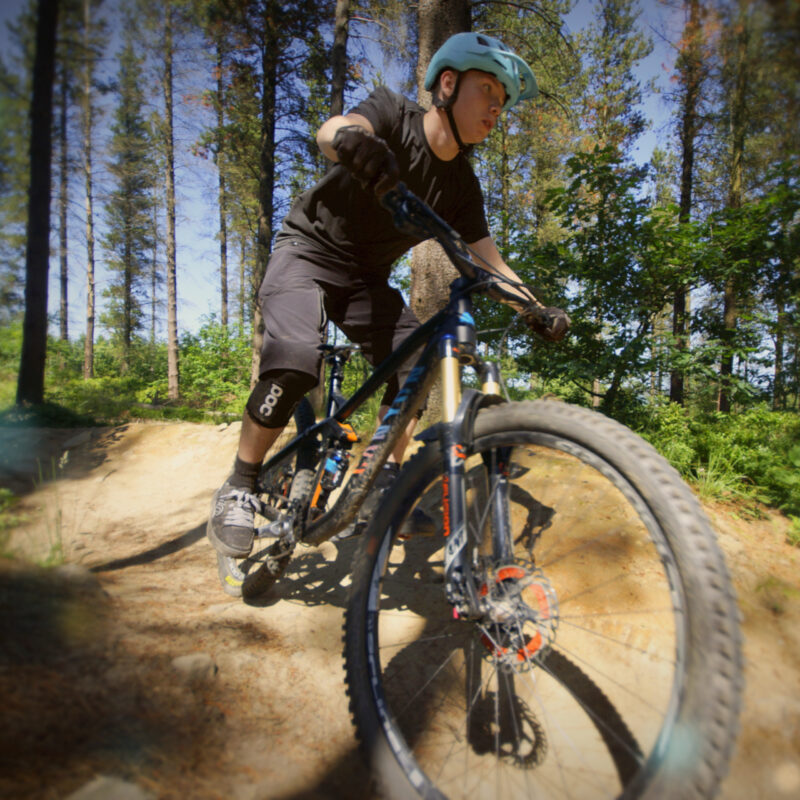 Mountain biker in a coaching session at Grenoside Woods, Sheffield, Yorkshire