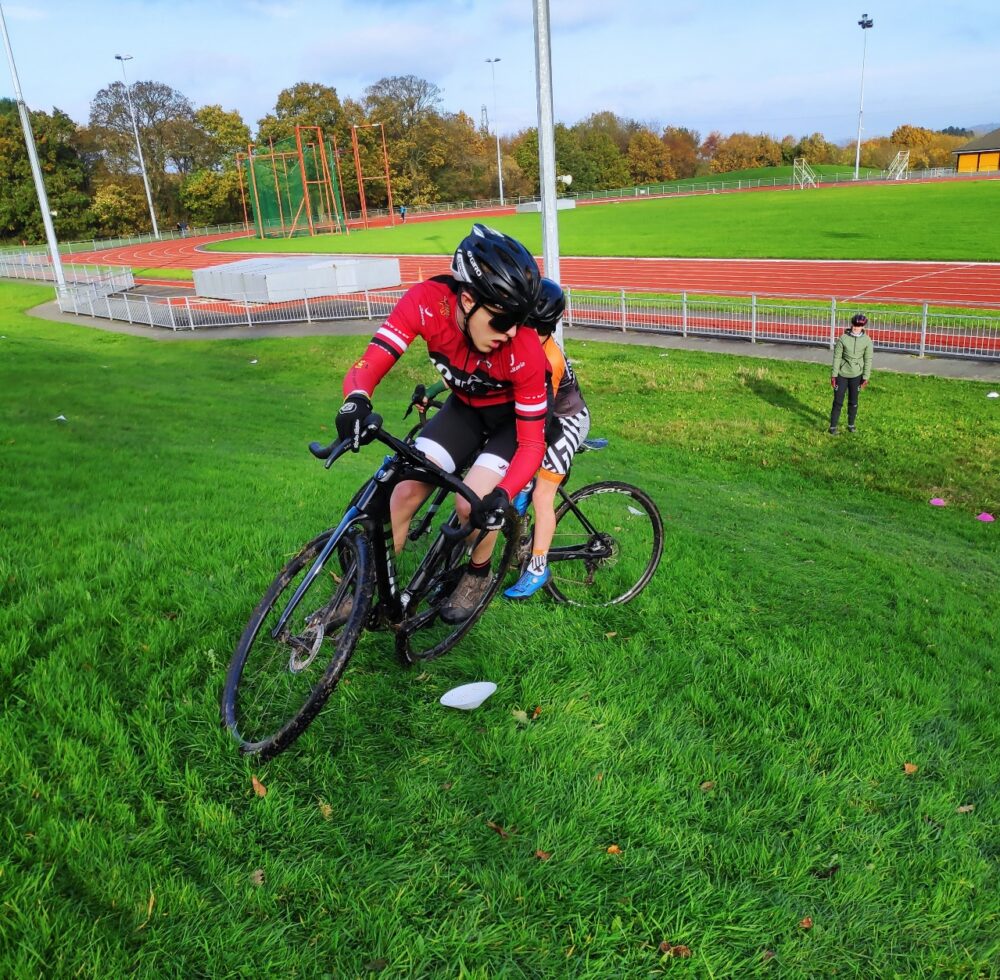 British Cycling rider doing cyclocross fitness training, UK